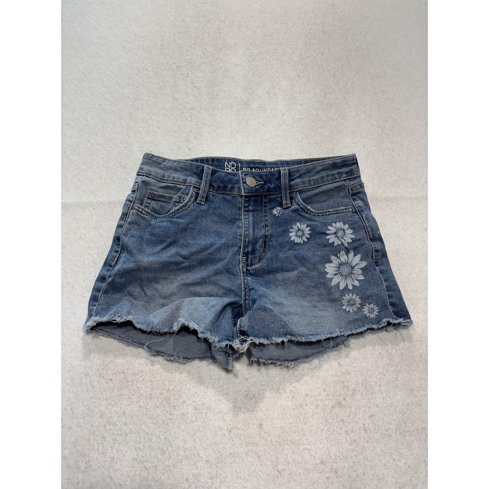 No Boundaries Shorts Juniors 3 Blue Denim Cut Off Floral Daisy Raw Hem Summer